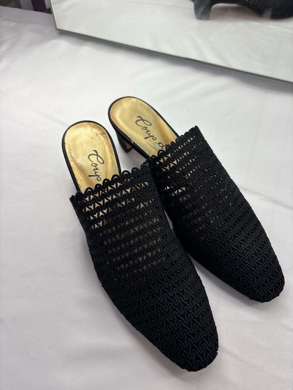 Coup D'Etat Black Woven Knit Pointed Toe Low Heel Mules